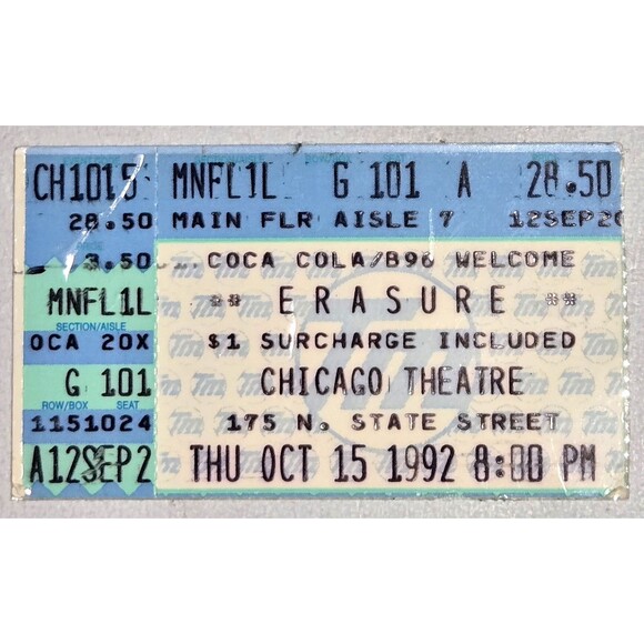 VTG Erasure Concert Ticket 1992 October 15 Floor Chicago Theatre w/ Chorus CD - Picture 2 of 6